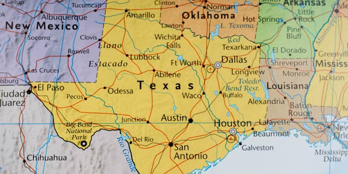 Texas on the map of the USA