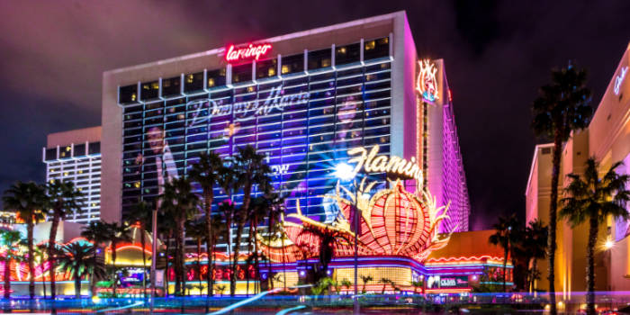 The Flamingo hotel and casino in Las Vegas, Nevada, lit up during the night.